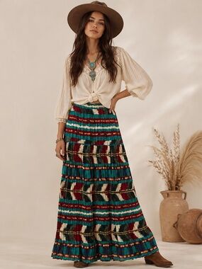 VTG Sharon Young Southwest Ikat Tiered Crinkle Maxi Skirt Sz XS/S Boho Ranch